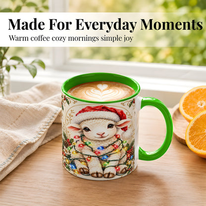#pl[11oz|Green] Christmas Lamb Coffee Mug, Sheep with Lights Mug, Ceramic Cup