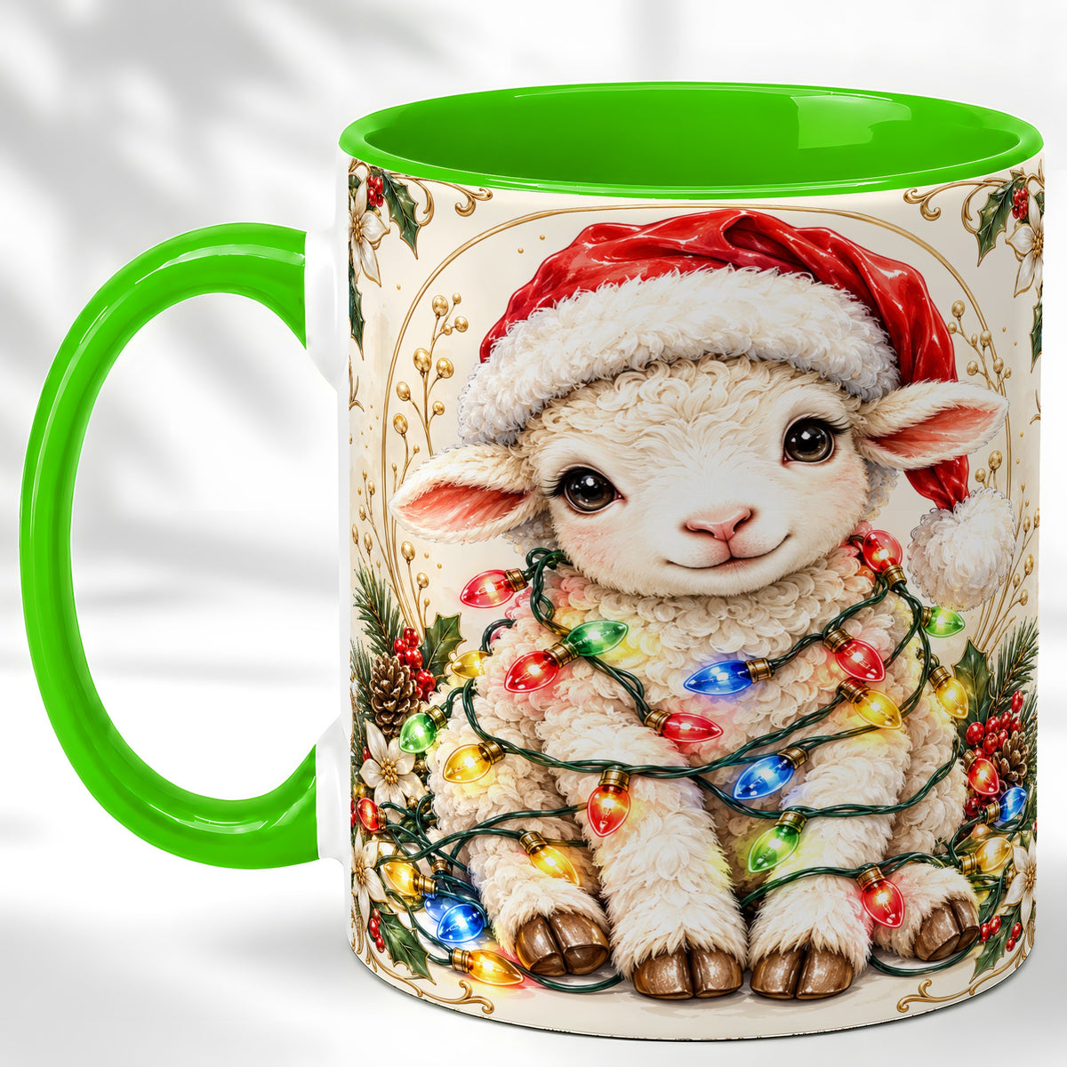 #pl[11oz|Green] Christmas Lamb Coffee Mug, Sheep with Lights Mug, Ceramic Cup