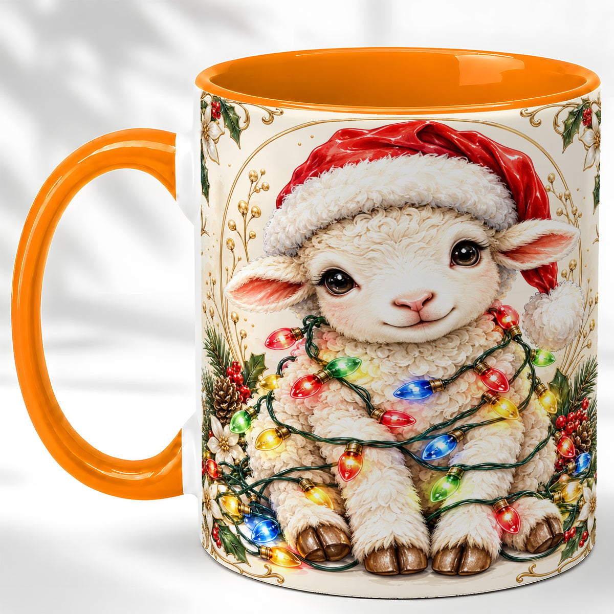 #pl[11oz|Orange] Christmas Lamb Coffee Mug, Sheep with Lights Mug, Ceramic Cup