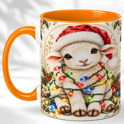 #pl[11oz|Orange] Christmas Lamb Coffee Mug, Sheep with Lights Mug, Ceramic Cup