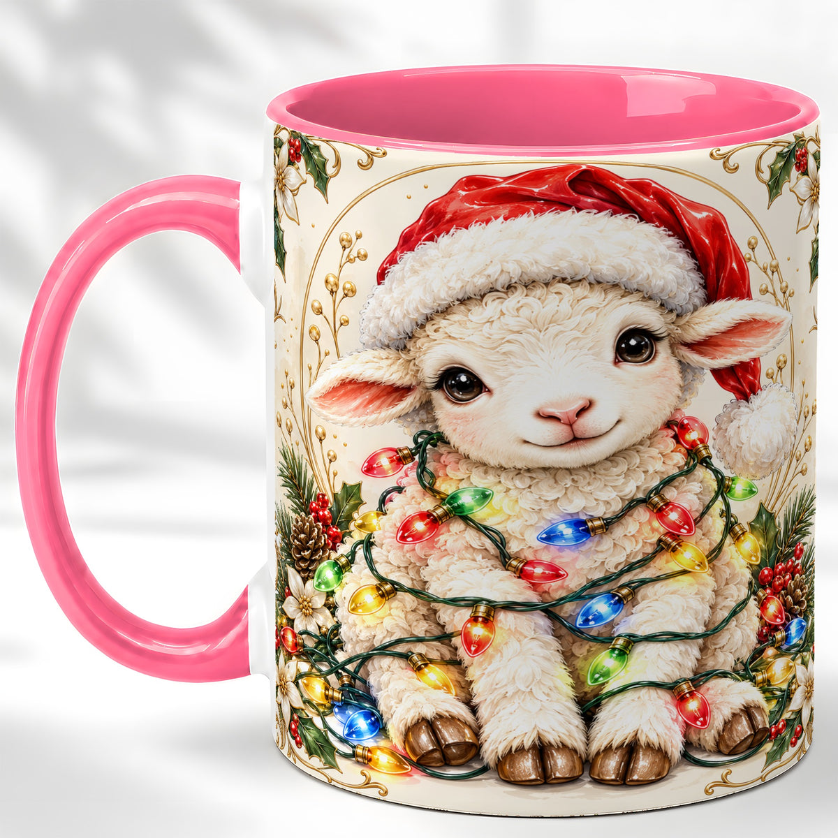 #pl[11oz|Pink] Christmas Lamb Coffee Mug, Sheep with Lights Mug, Ceramic Cup