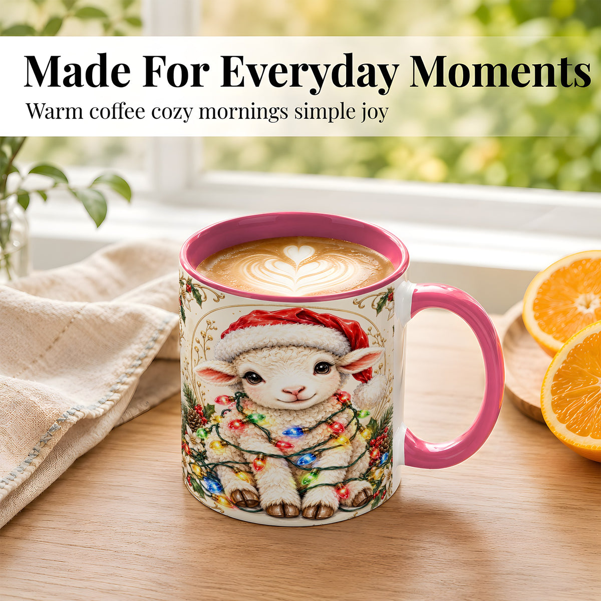 #pl[11oz|Pink] Christmas Lamb Coffee Mug, Sheep with Lights Mug, Ceramic Cup