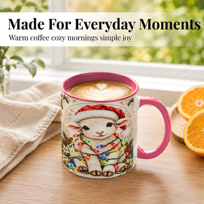 #pl[11oz|Pink] Christmas Lamb Coffee Mug, Sheep with Lights Mug, Ceramic Cup
