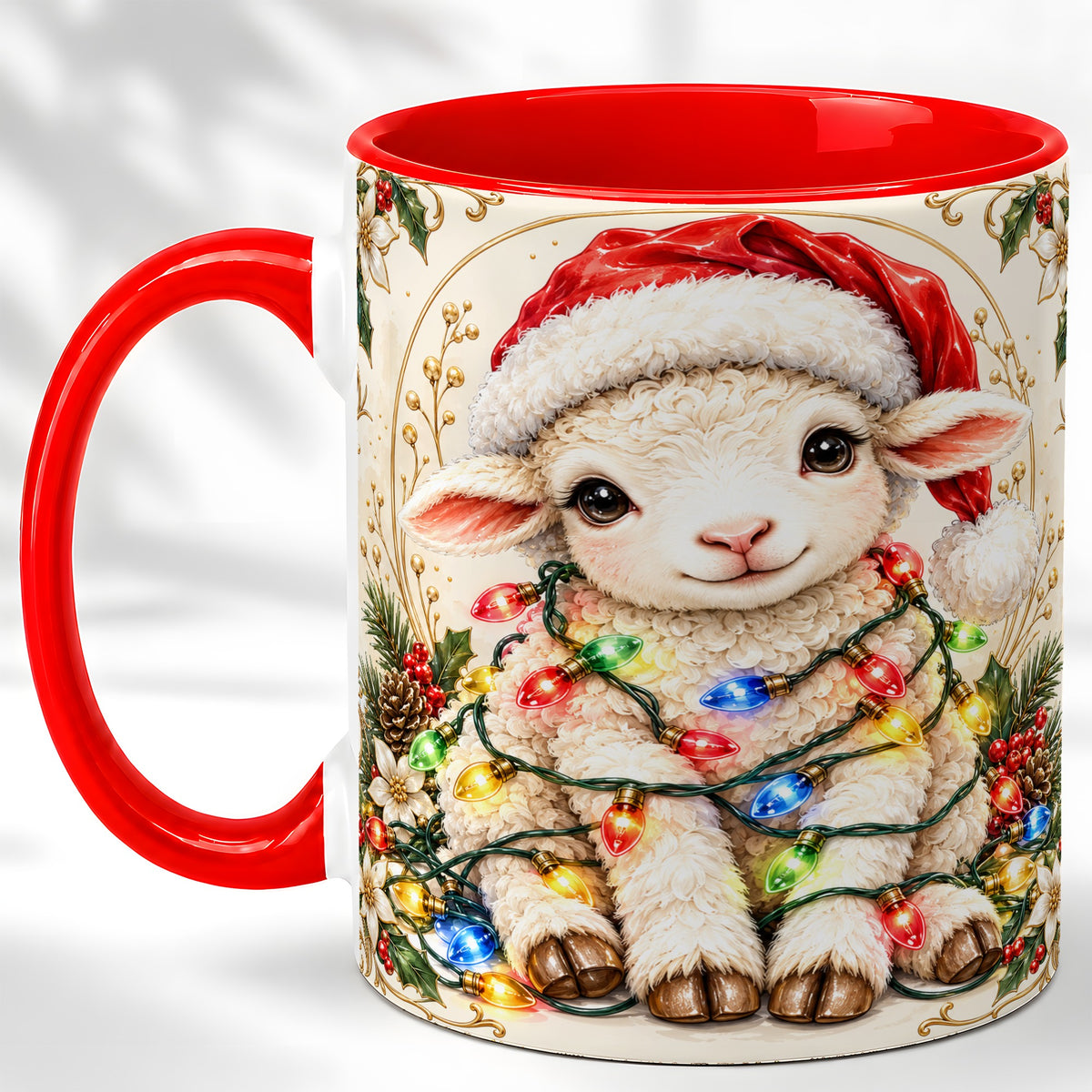 Christmas Lamb Coffee Mug, Sheep with Lights Mug, Ceramic Cup