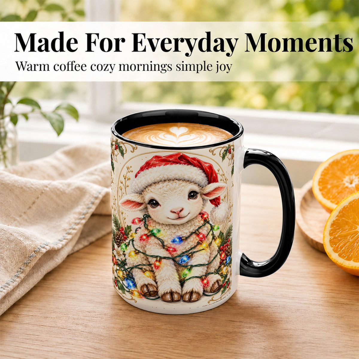 #pl[15oz|Black] Christmas Lamb Coffee Mug, Sheep with Lights Mug, Ceramic Cup