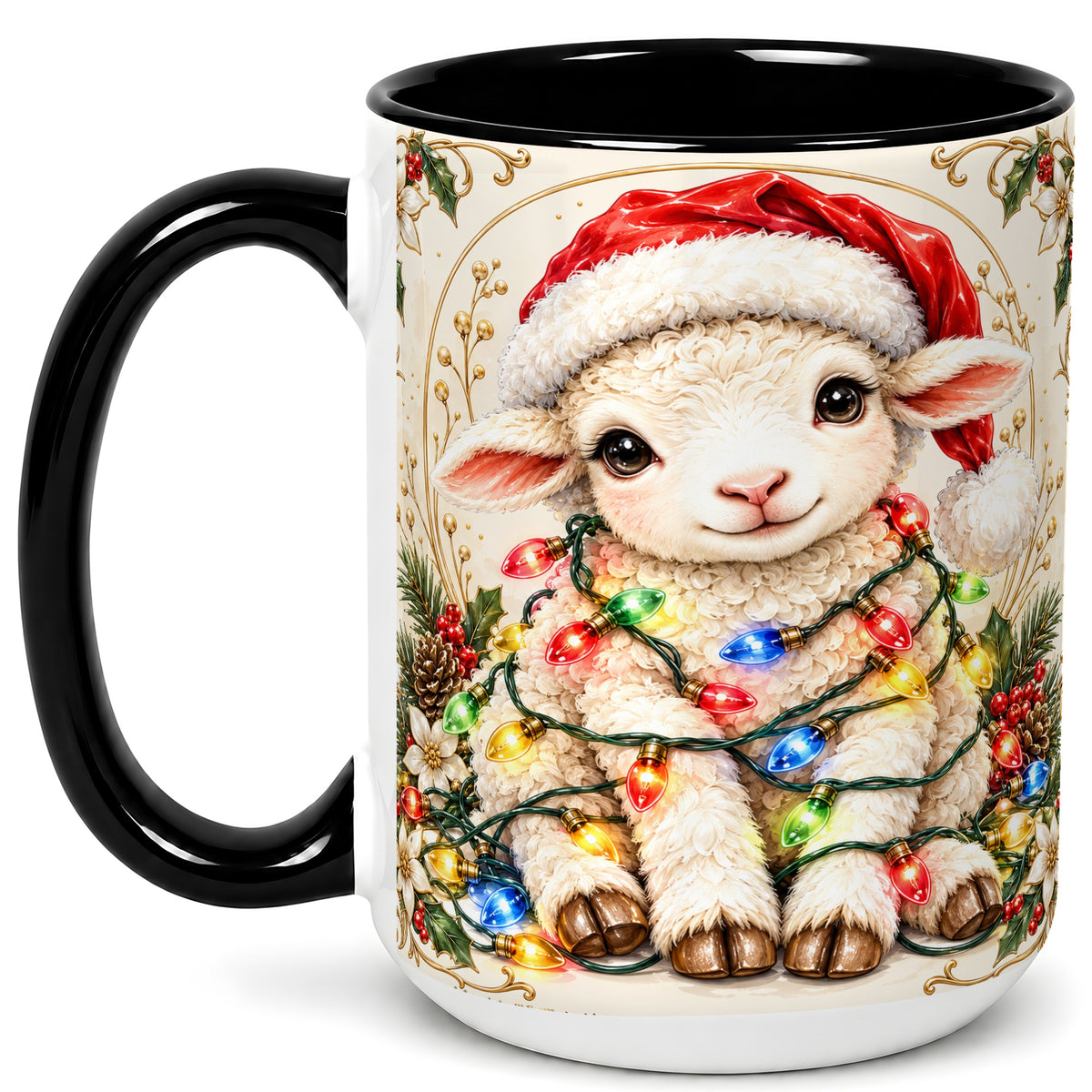 #pl[15oz|Black] Christmas Lamb Coffee Mug, Sheep with Lights Mug, Ceramic Cup