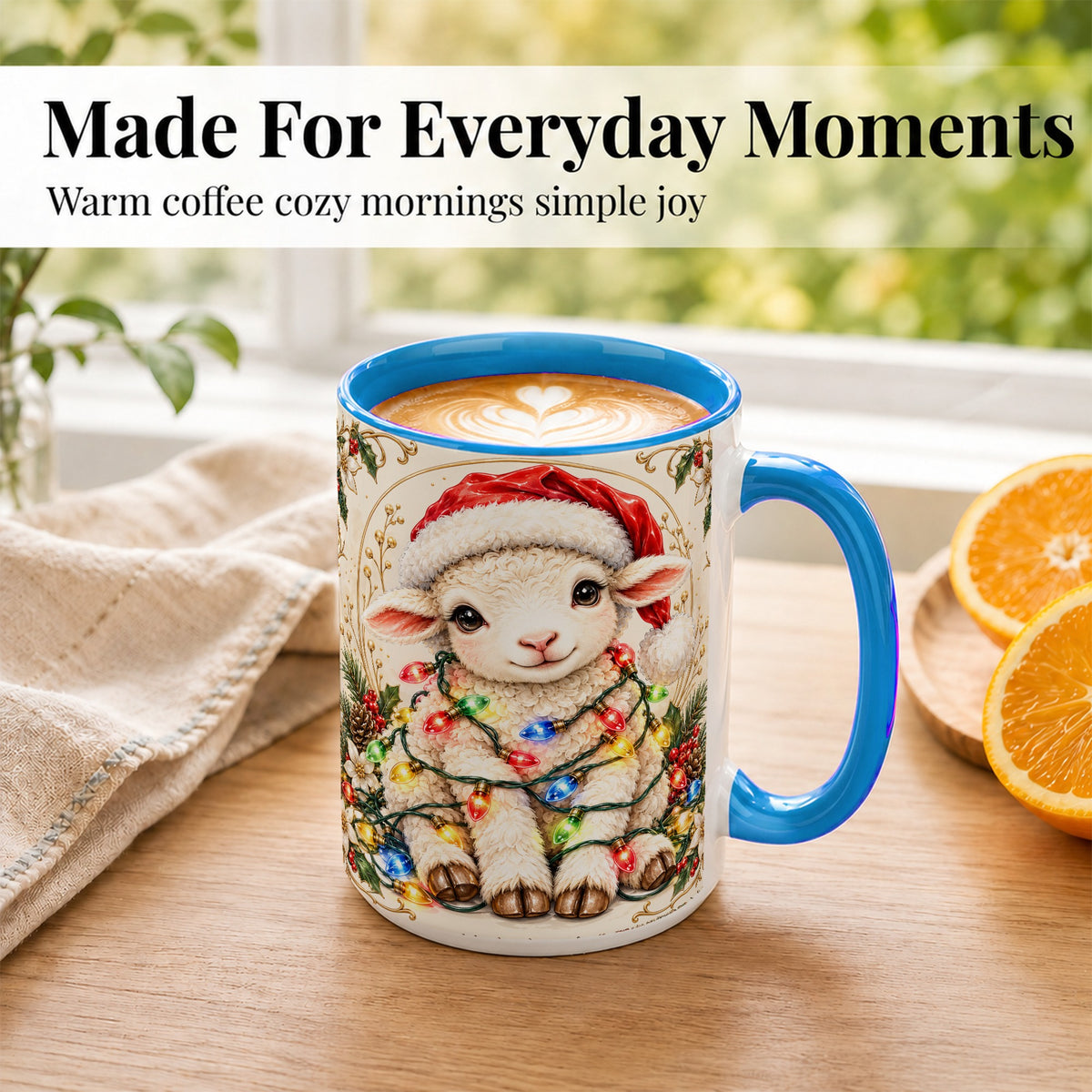 #pl[15oz|Blue] Christmas Lamb Coffee Mug, Sheep with Lights Mug, Ceramic Cup