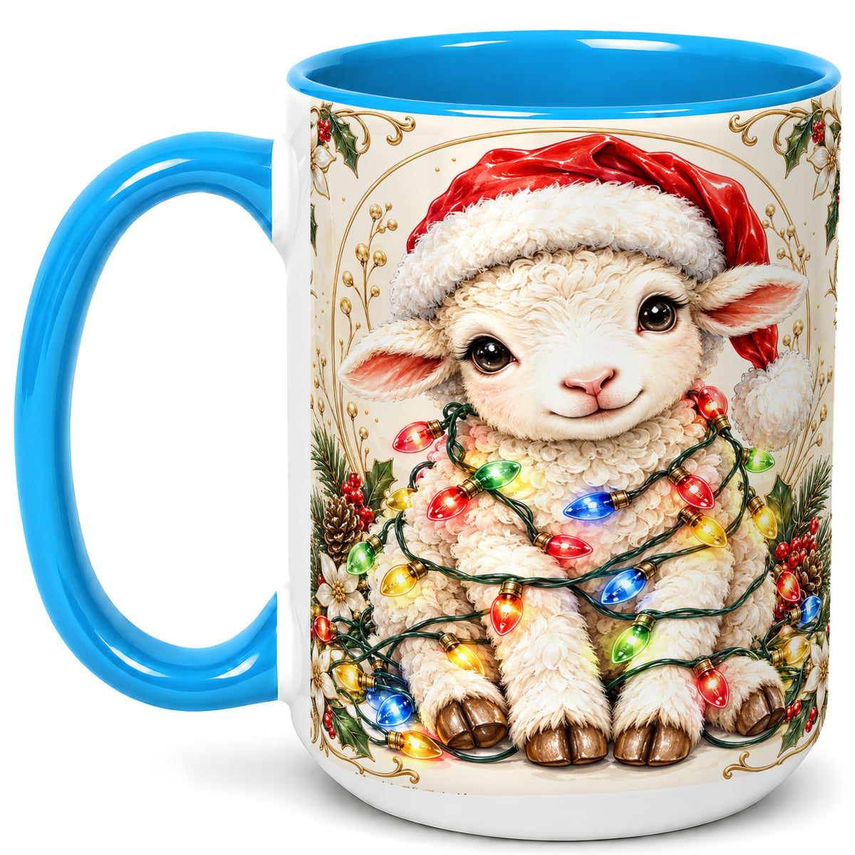 #pl[15oz|Blue] Christmas Lamb Coffee Mug, Sheep with Lights Mug, Ceramic Cup