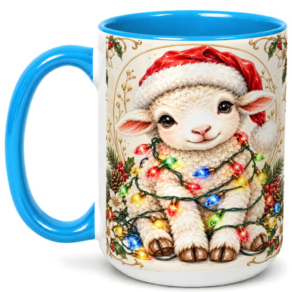 #pl[15oz|Blue] Christmas Lamb Coffee Mug, Sheep with Lights Mug, Ceramic Cup