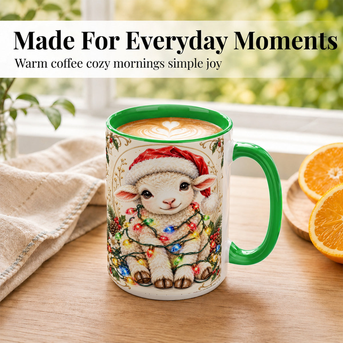#pl[15oz|Green] Christmas Lamb Coffee Mug, Sheep with Lights Mug, Ceramic Cup