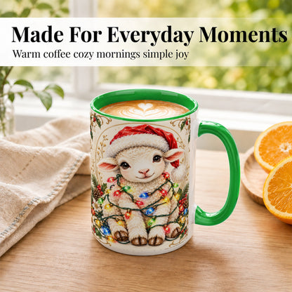 #pl[15oz|Green] Christmas Lamb Coffee Mug, Sheep with Lights Mug, Ceramic Cup