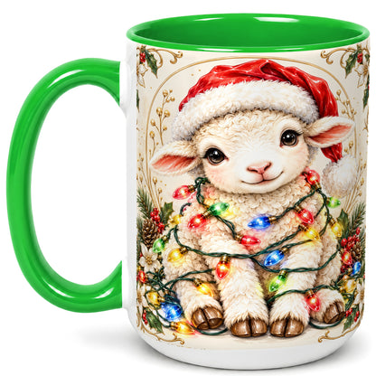 #pl[15oz|Green] Christmas Lamb Coffee Mug, Sheep with Lights Mug, Ceramic Cup