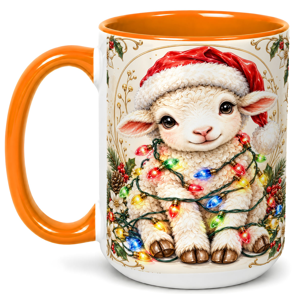 #pl[15oz|Orange] Christmas Lamb Coffee Mug, Sheep with Lights Mug, Ceramic Cup