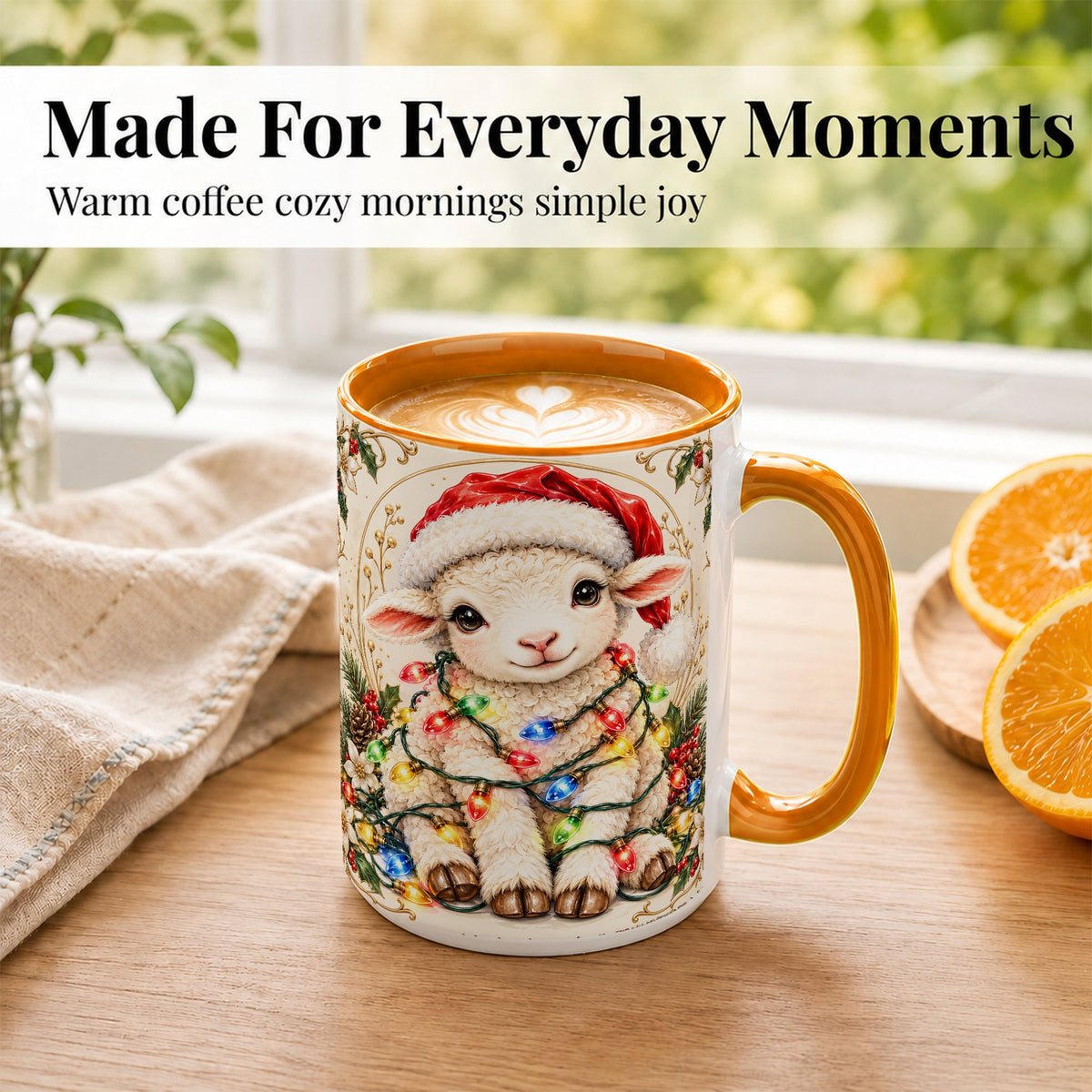 #pl[15oz|Orange] Christmas Lamb Coffee Mug, Sheep with Lights Mug, Ceramic Cup