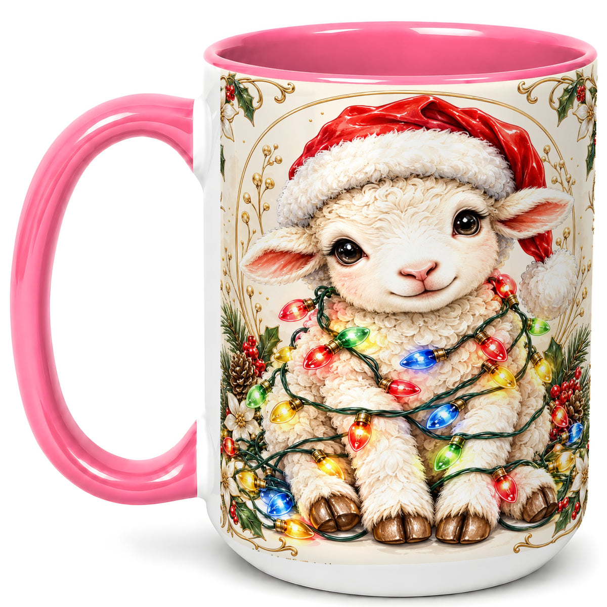 #pl[15oz|Pink] Christmas Lamb Coffee Mug, Sheep with Lights Mug, Ceramic Cup