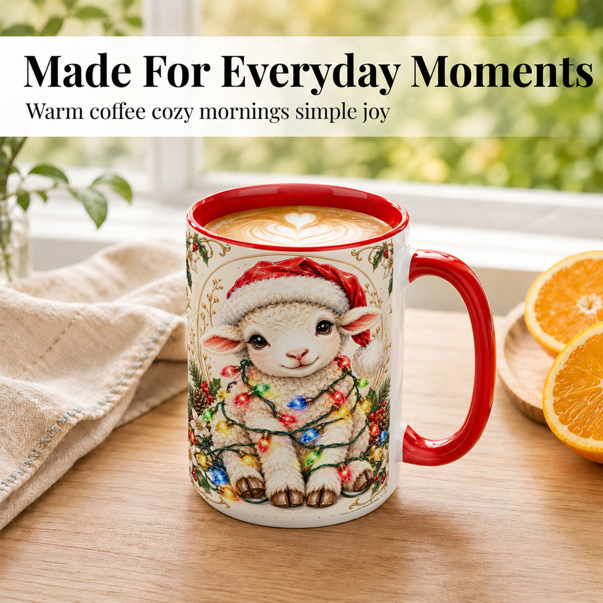 #pl[15oz|Red] Christmas Lamb Coffee Mug, Sheep with Lights Mug, Ceramic Cup