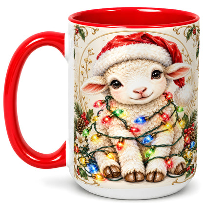#pl[15oz|Red] Christmas Lamb Coffee Mug, Sheep with Lights Mug, Ceramic Cup