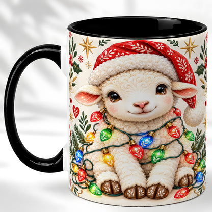 #pl[11oz|Black] Christmas Lamb Coffee Mug, Holiday Lights Sheep Mug, Ceramic Cup