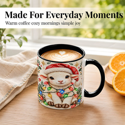 #pl[11oz|Black] Christmas Lamb Coffee Mug, Holiday Lights Sheep Mug, Ceramic Cup