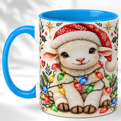 #pl[11oz|Blue] Christmas Lamb Coffee Mug, Holiday Lights Sheep Mug, Ceramic Cup