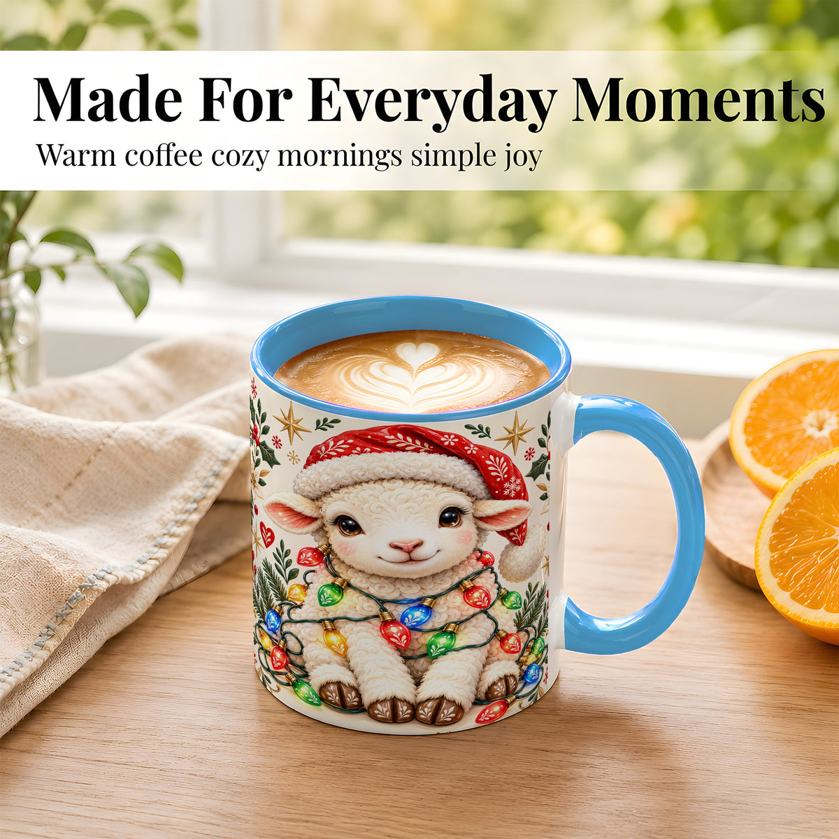 #pl[11oz|Blue] Christmas Lamb Coffee Mug, Holiday Lights Sheep Mug, Ceramic Cup