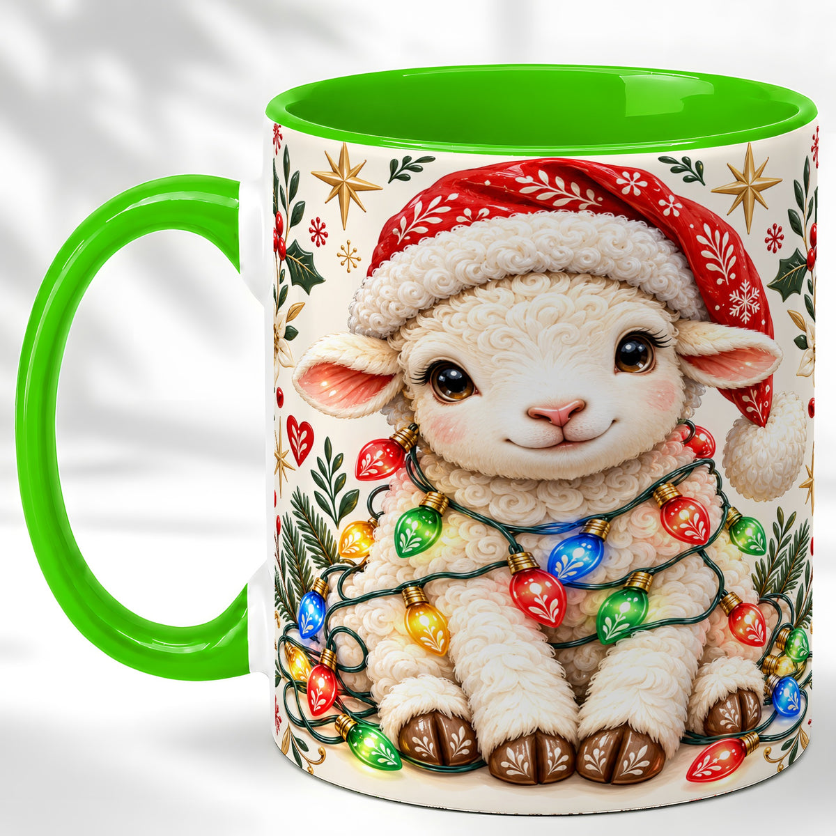 #pl[11oz|Green] Christmas Lamb Coffee Mug, Holiday Lights Sheep Mug, Ceramic Cup