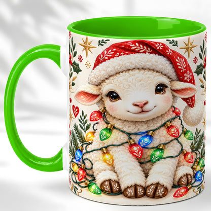 #pl[11oz|Green] Christmas Lamb Coffee Mug, Holiday Lights Sheep Mug, Ceramic Cup
