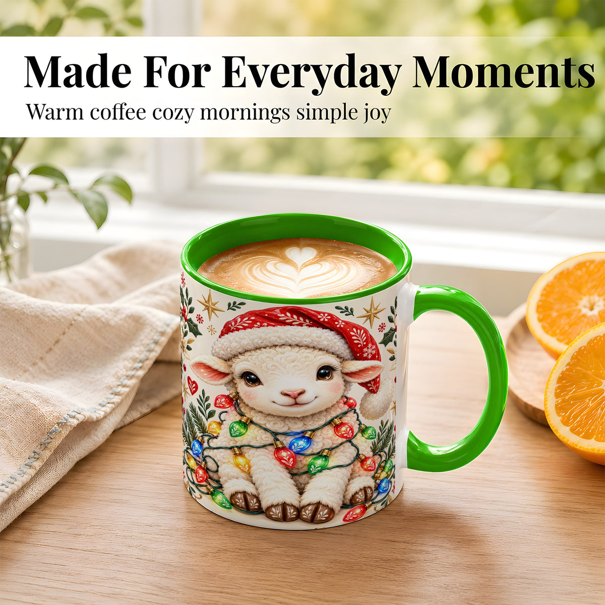 #pl[11oz|Green] Christmas Lamb Coffee Mug, Holiday Lights Sheep Mug, Ceramic Cup
