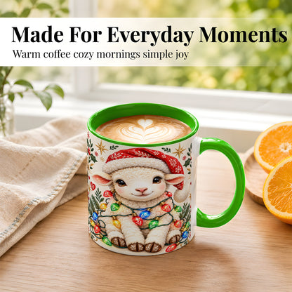 #pl[11oz|Green] Christmas Lamb Coffee Mug, Holiday Lights Sheep Mug, Ceramic Cup