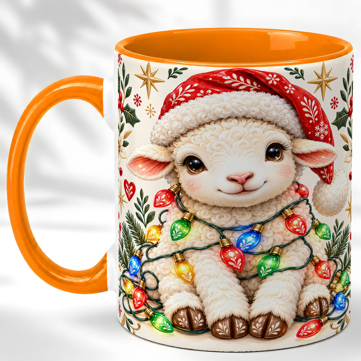 #pl[11oz|Orange] Christmas Lamb Coffee Mug, Holiday Lights Sheep Mug, Ceramic Cup
