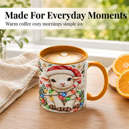 #pl[11oz|Orange] Christmas Lamb Coffee Mug, Holiday Lights Sheep Mug, Ceramic Cup