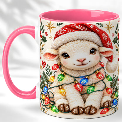 #pl[11oz|Pink] Christmas Lamb Coffee Mug, Holiday Lights Sheep Mug, Ceramic Cup