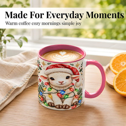 #pl[11oz|Pink] Christmas Lamb Coffee Mug, Holiday Lights Sheep Mug, Ceramic Cup