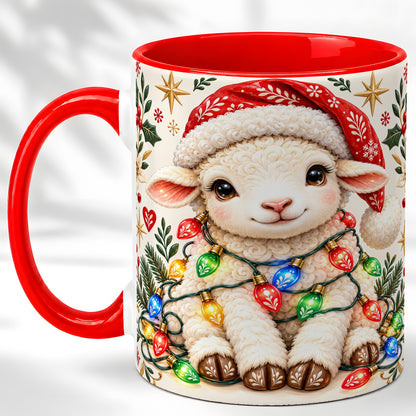 Christmas Lamb Coffee Mug, Holiday Lights Sheep Mug, Ceramic Cup