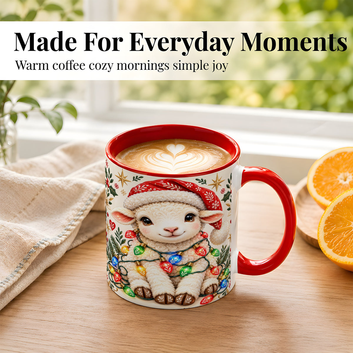#pl[11oz|Red] Christmas Lamb Coffee Mug, Holiday Lights Sheep Mug, Ceramic Cup