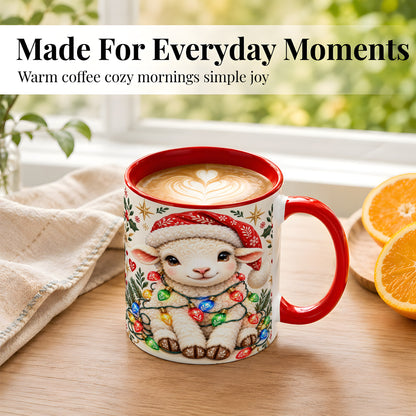 #pl[11oz|Red] Christmas Lamb Coffee Mug, Holiday Lights Sheep Mug, Ceramic Cup