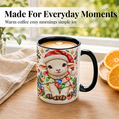 #pl[15oz|Black] Christmas Lamb Coffee Mug, Holiday Lights Sheep Mug, Ceramic Cup
