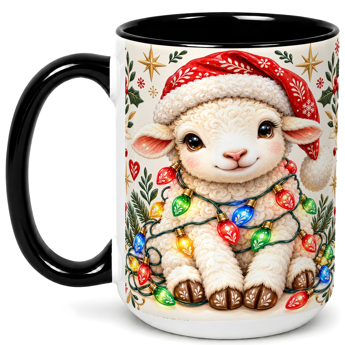 #pl[15oz|Black] Christmas Lamb Coffee Mug, Holiday Lights Sheep Mug, Ceramic Cup