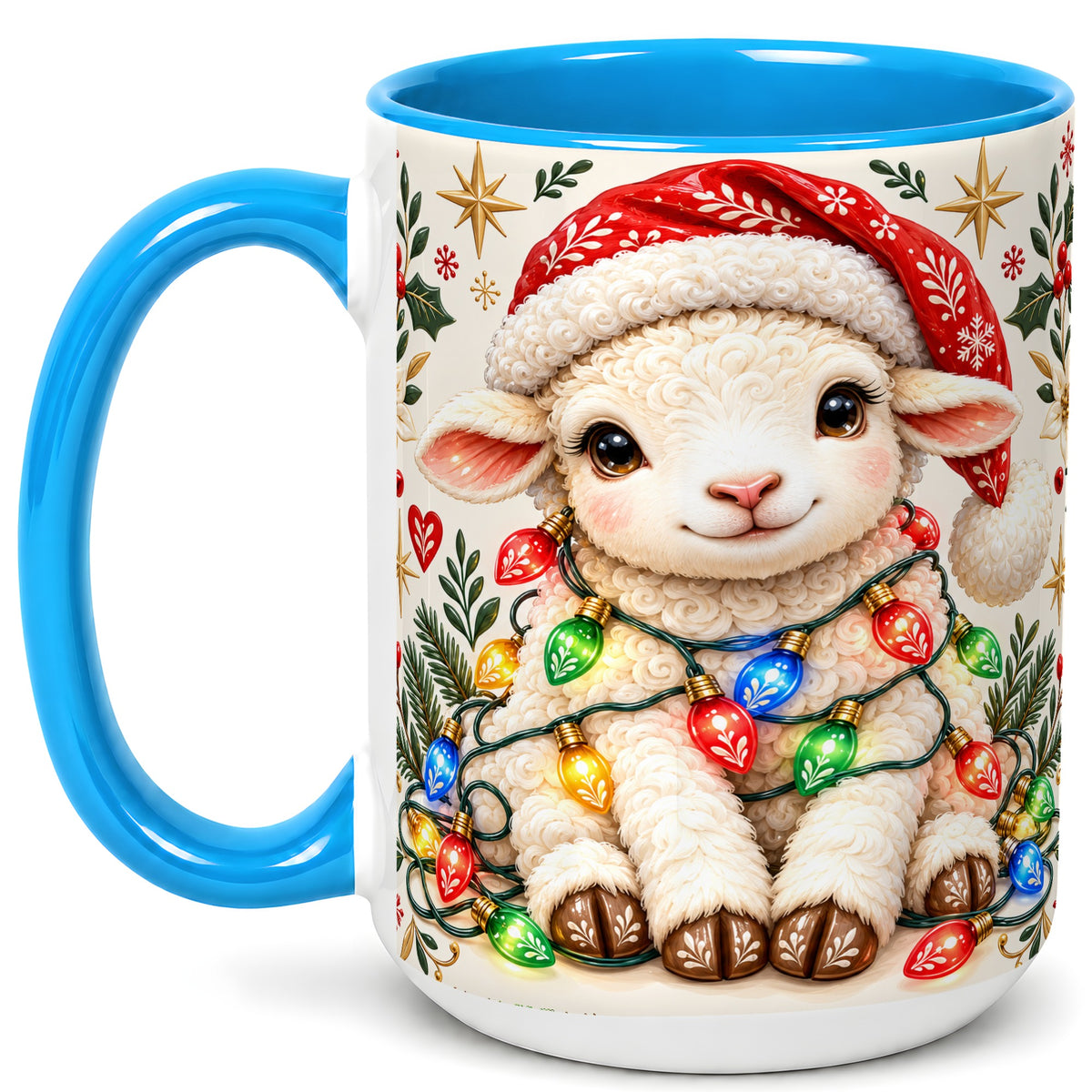 #pl[15oz|Blue] Christmas Lamb Coffee Mug, Holiday Lights Sheep Mug, Ceramic Cup