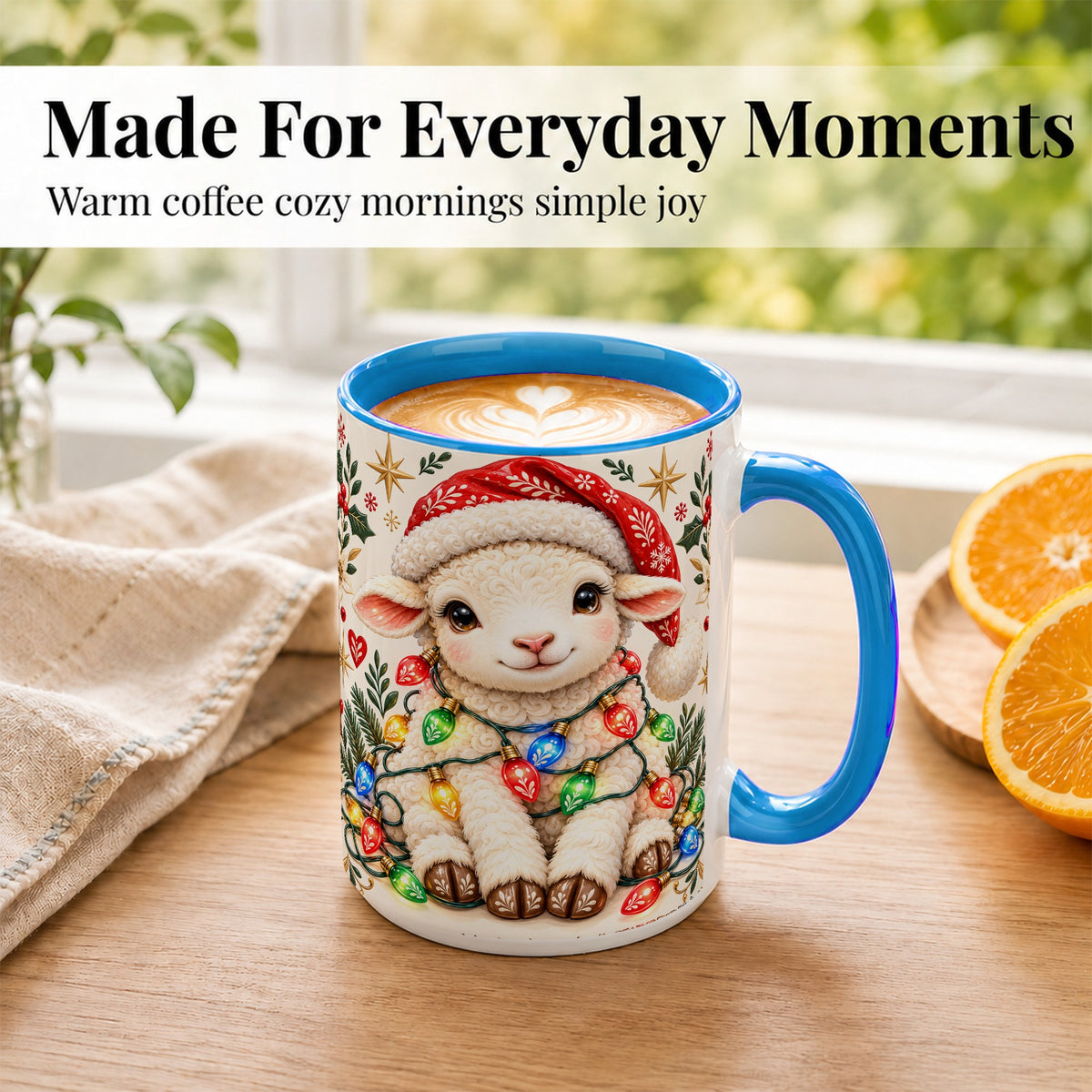 #pl[15oz|Blue] Christmas Lamb Coffee Mug, Holiday Lights Sheep Mug, Ceramic Cup
