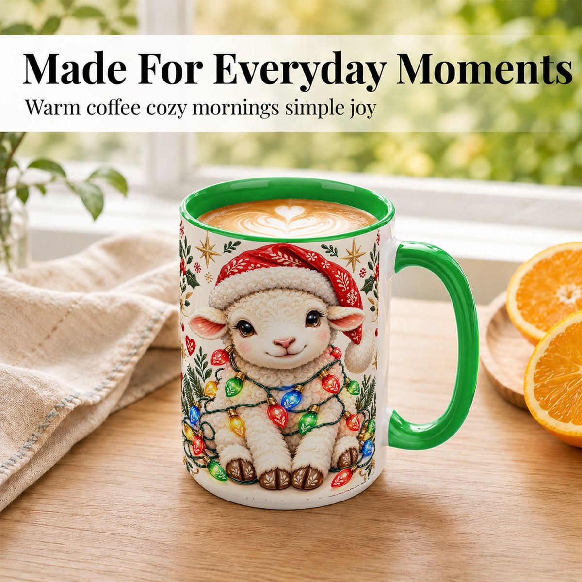 #pl[15oz|Green] Christmas Lamb Coffee Mug, Holiday Lights Sheep Mug, Ceramic Cup