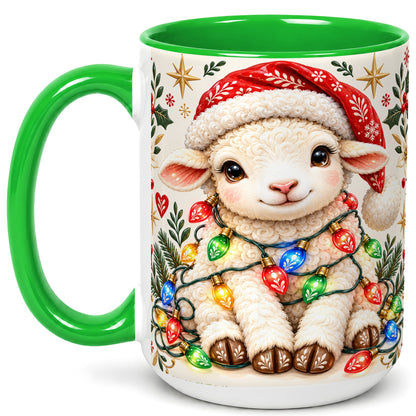 #pl[15oz|Green] Christmas Lamb Coffee Mug, Holiday Lights Sheep Mug, Ceramic Cup