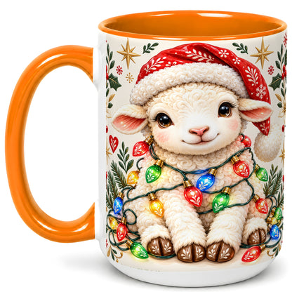 #pl[15oz|Orange] Christmas Lamb Coffee Mug, Holiday Lights Sheep Mug, Ceramic Cup