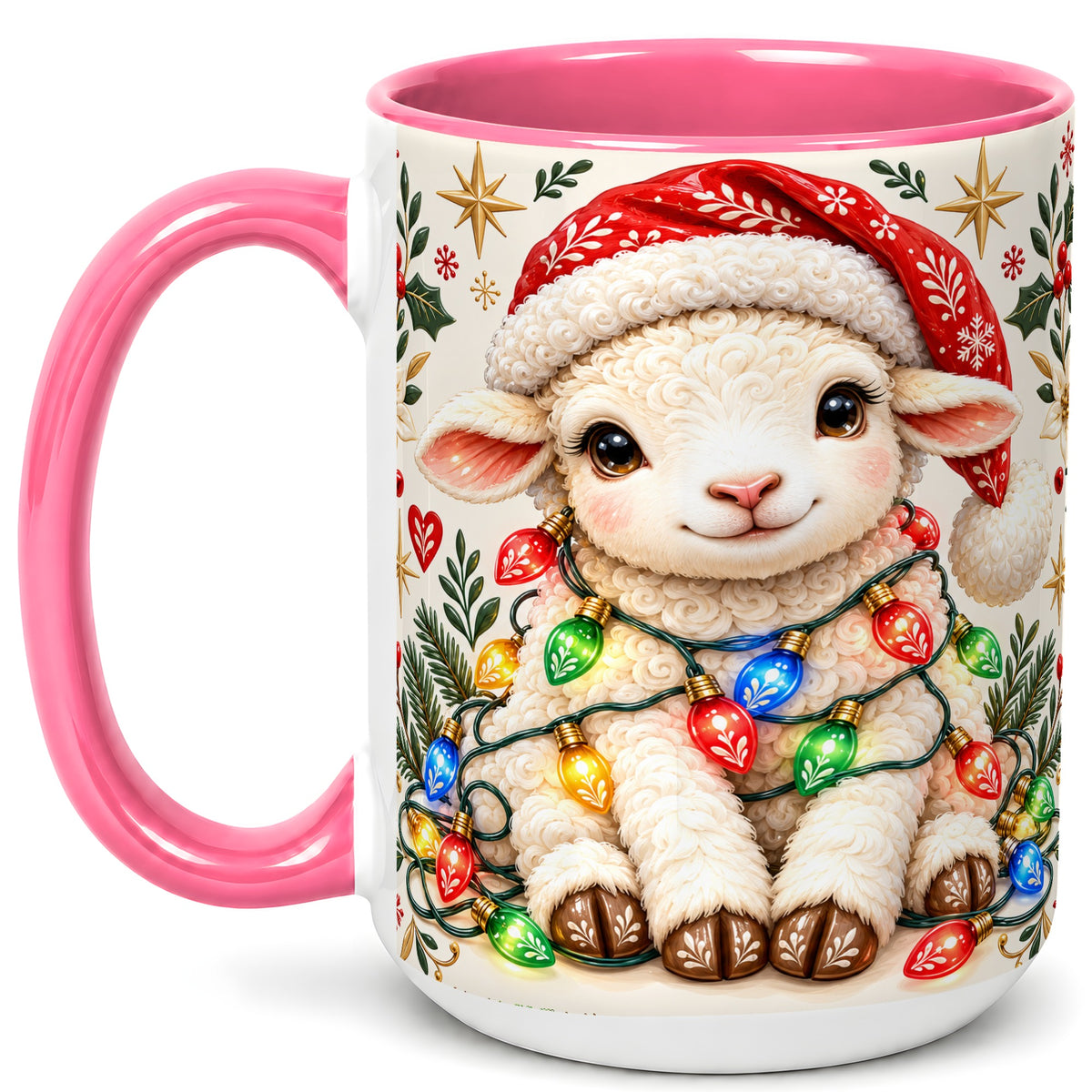 #pl[15oz|Pink] Christmas Lamb Coffee Mug, Holiday Lights Sheep Mug, Ceramic Cup