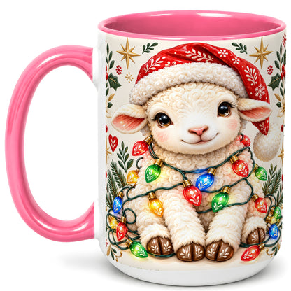 #pl[15oz|Pink] Christmas Lamb Coffee Mug, Holiday Lights Sheep Mug, Ceramic Cup