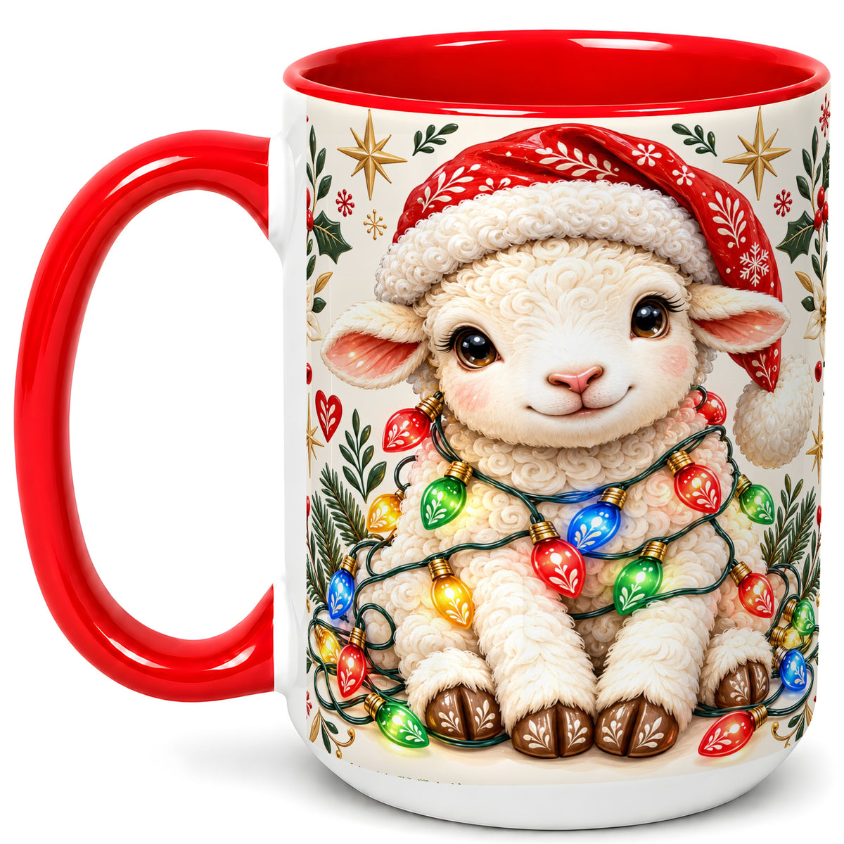 #pl[15oz|Red] Christmas Lamb Coffee Mug, Holiday Lights Sheep Mug, Ceramic Cup