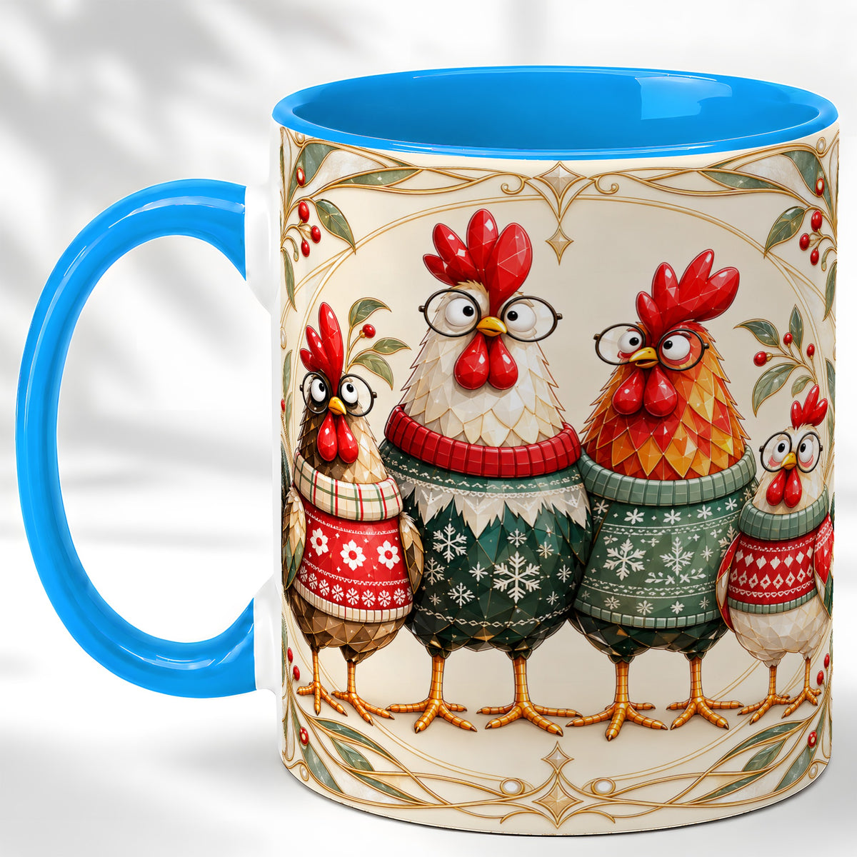 #pl[11oz|Blue] Christmas Chickens Coffee Mug, Funny Chicken Family Mug, Ceramic Cup