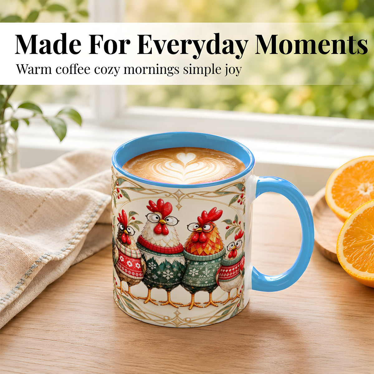 #pl[11oz|Blue] Christmas Chickens Coffee Mug, Funny Chicken Family Mug, Ceramic Cup
