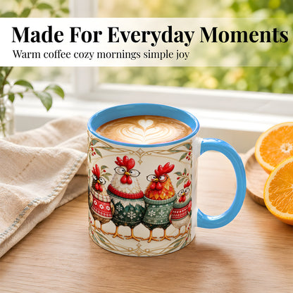 #pl[11oz|Blue] Christmas Chickens Coffee Mug, Funny Chicken Family Mug, Ceramic Cup