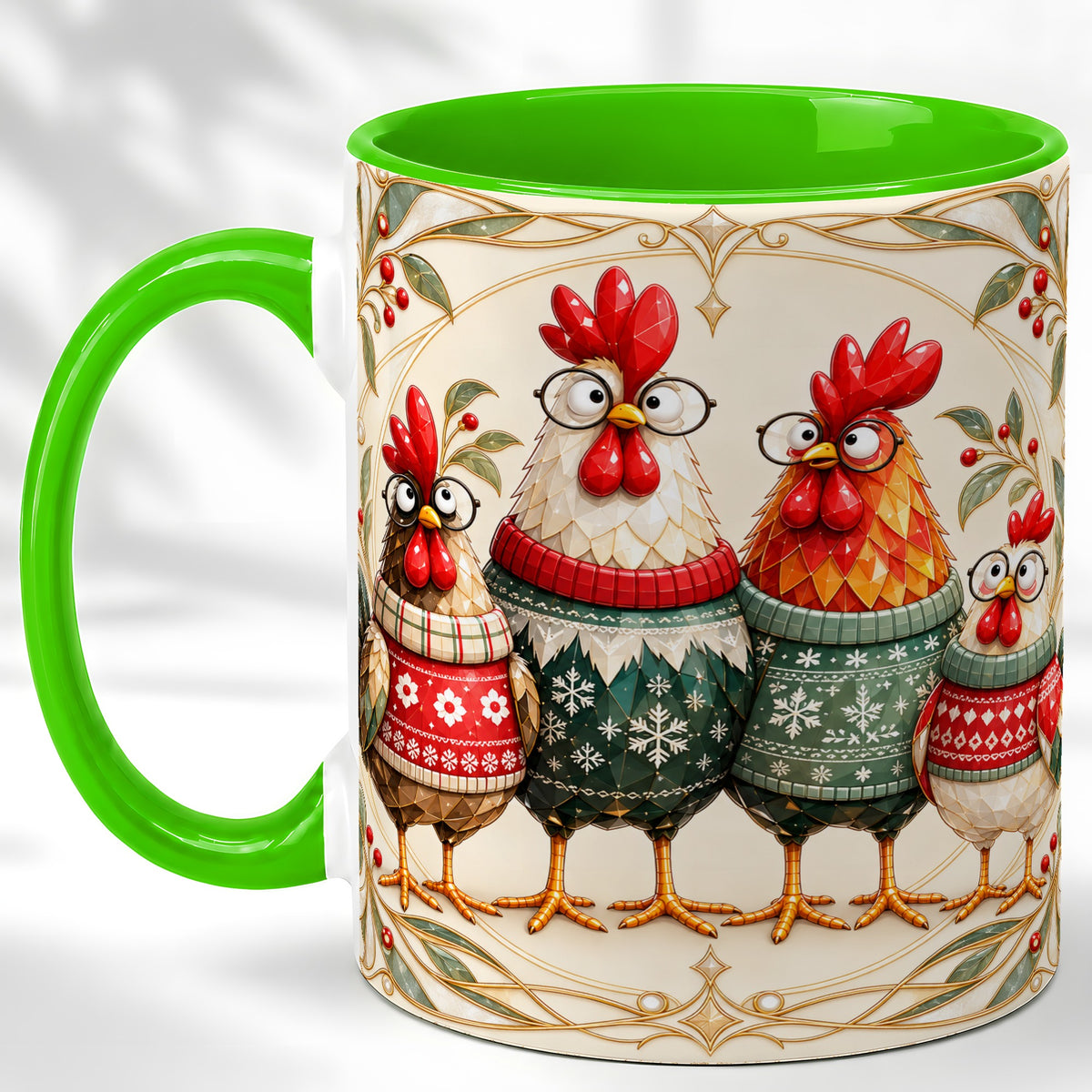 #pl[11oz|Green] Christmas Chickens Coffee Mug, Funny Chicken Family Mug, Ceramic Cup